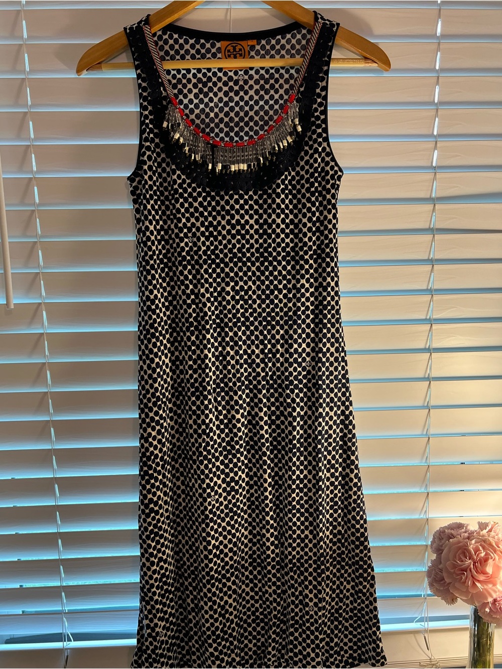 Tory Burch Black & White Polka Geometric Midi Dress with Beaded Fringe